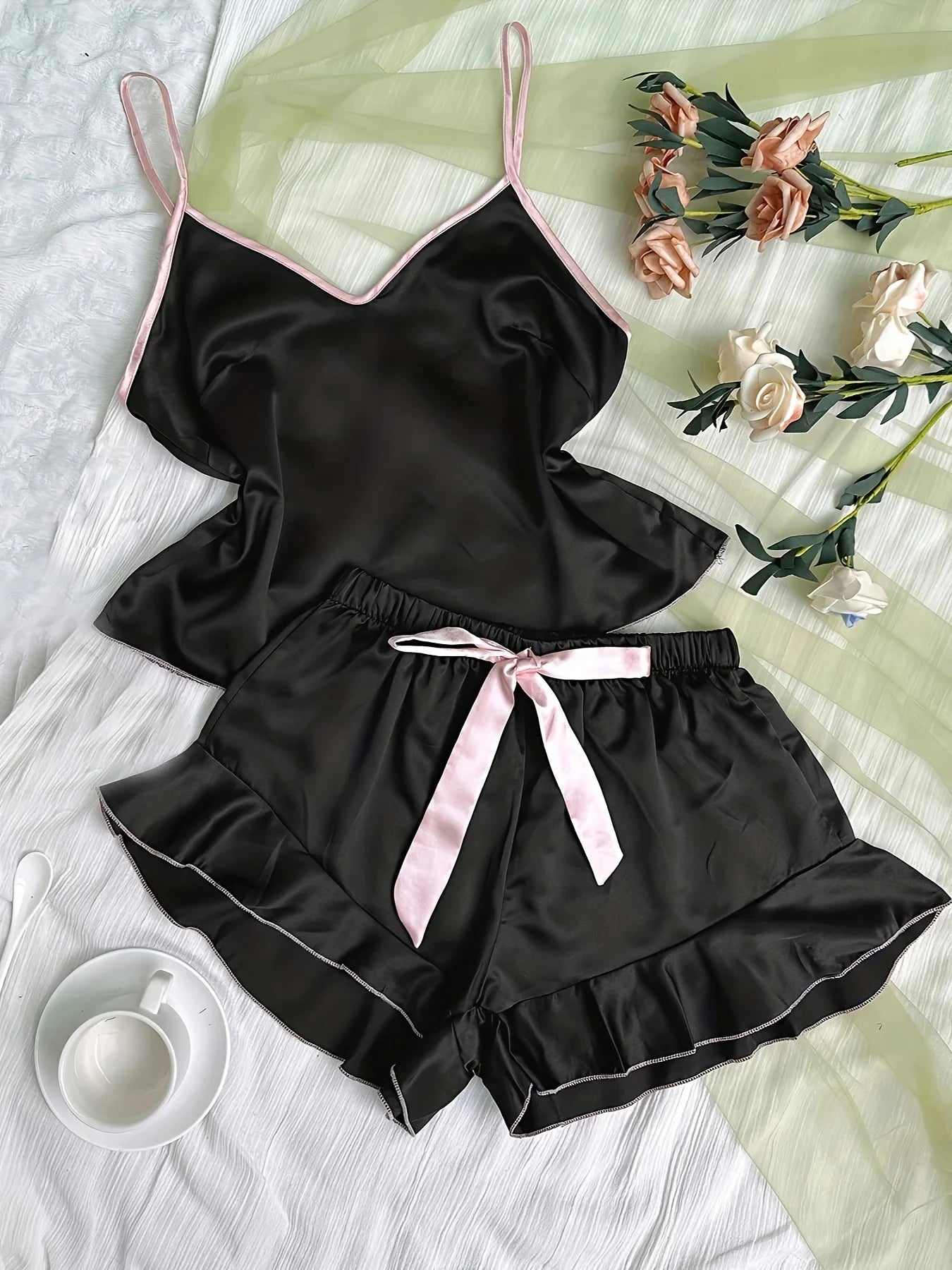 Women's Smooth Satin Pajamas, V-Neck T-Shirt, Ruffled Edges And Bow Shorts, Simple And Breathable Pajama Set