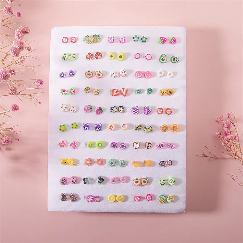 50Pair/set Mixed Style Clay Stud Earrings Set Women Girls Small Plastic Animals Fruit Earrings Set Jewelry Gifts