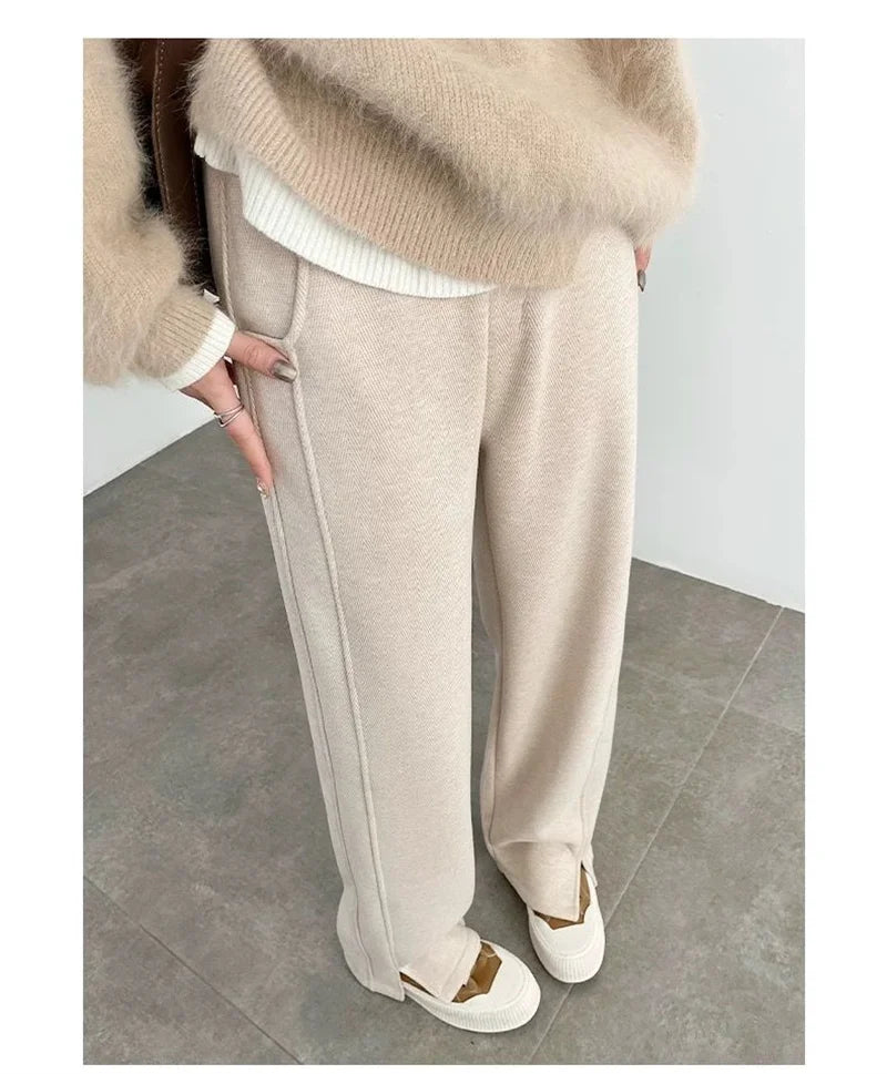 Women's Autumn/Winter New Herringbone Striped Flannel Wide leg Pants Woolen Split Pants Straight leg Narrow Version Banana Pants