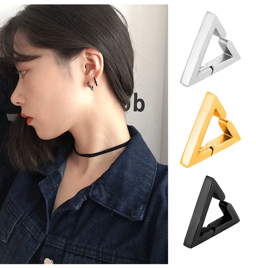 2PC Punk Stainless Steel Non-Piercing Triangle Earrings Ear Clip Fake Triangle  Ear Hoops Men and Women Hip Hop Ear Accessories