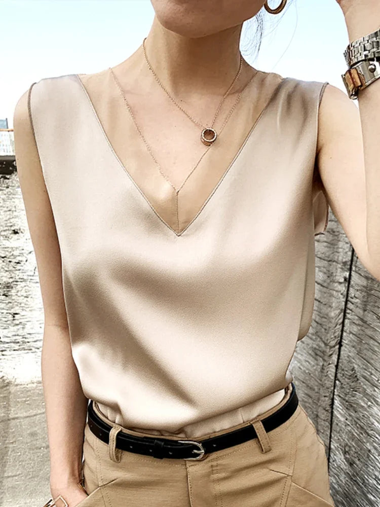 V-Neck Silk Vest Women's Summer Sleeveless Blouse With Acetic Acid Satin Top Sleeveless Bottoming Shirt