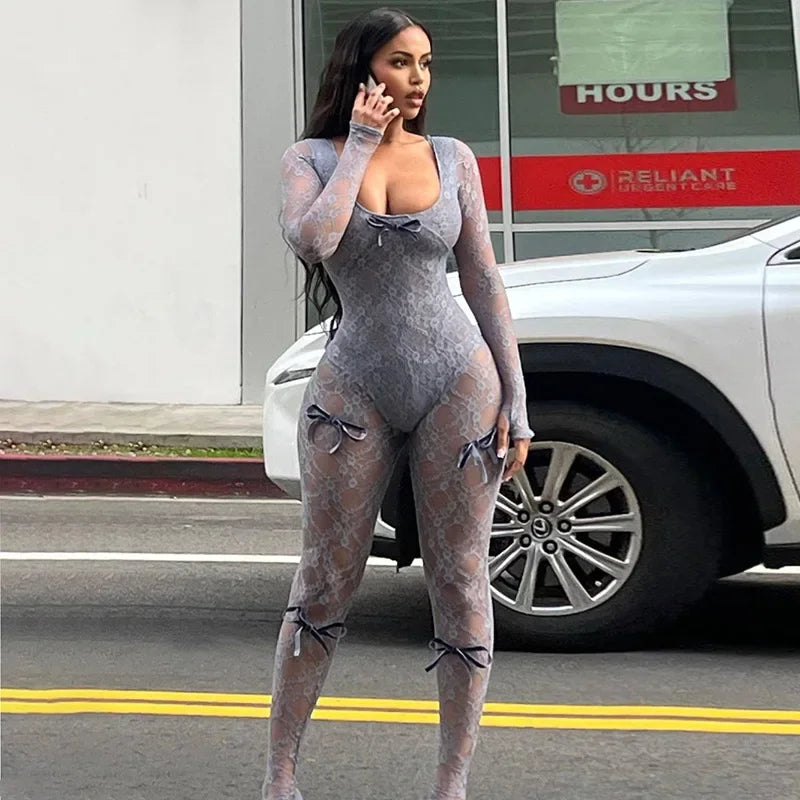 2024 See Through Mesh Sexy Jumpsuit Women Bow Splice Long Sleeve Bodycon One Piece Hot Girl Party Sexy Club Overalls For Woman