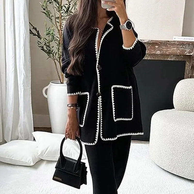 Autumn Suit Shirt And Blouses Cardigan Top Straight Long Pant Luxury 2-Piece Set Casual Elegant Women Fashion All-Match Clothes