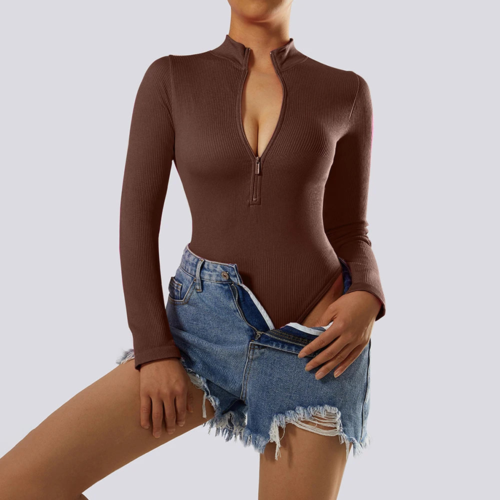 Bodycon Slim Jumpsuit For Women‘s Clothing Zipper Casual Brown Fitness Rompers Autumn 2024 Playsuit Activity Streetwear Overall