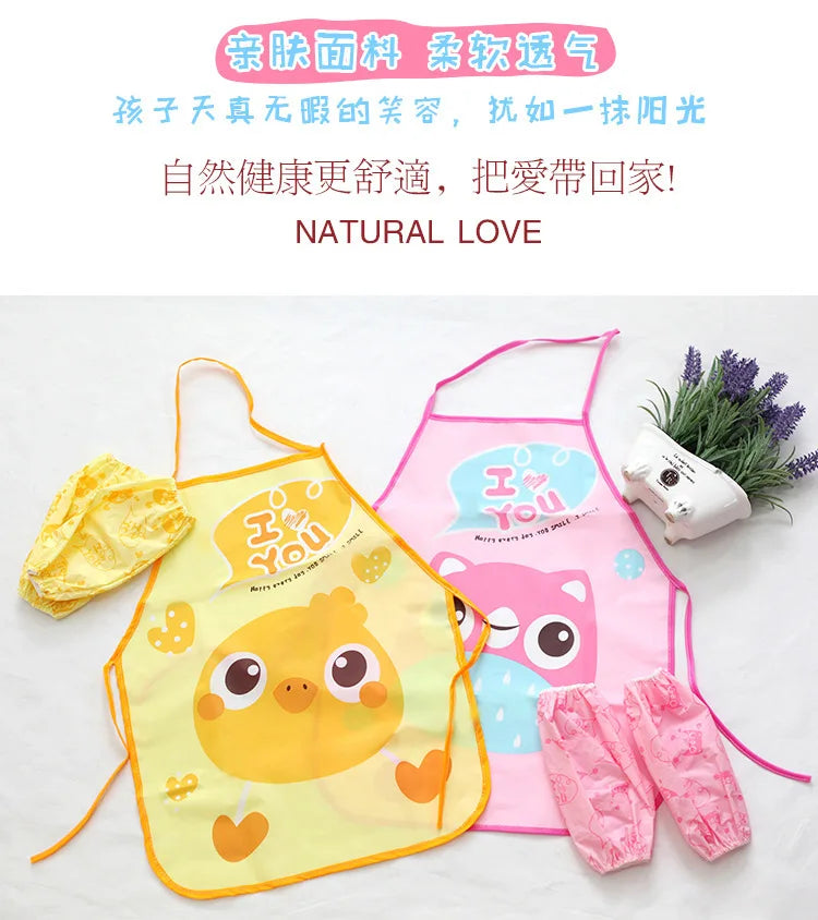 Cute Cartoon Children Apron Sleeves Chef Hat Pocket Set Kids Craft Art Kitchen Cooking Chef Suit Drink Food Baking Toys for 3-8Y