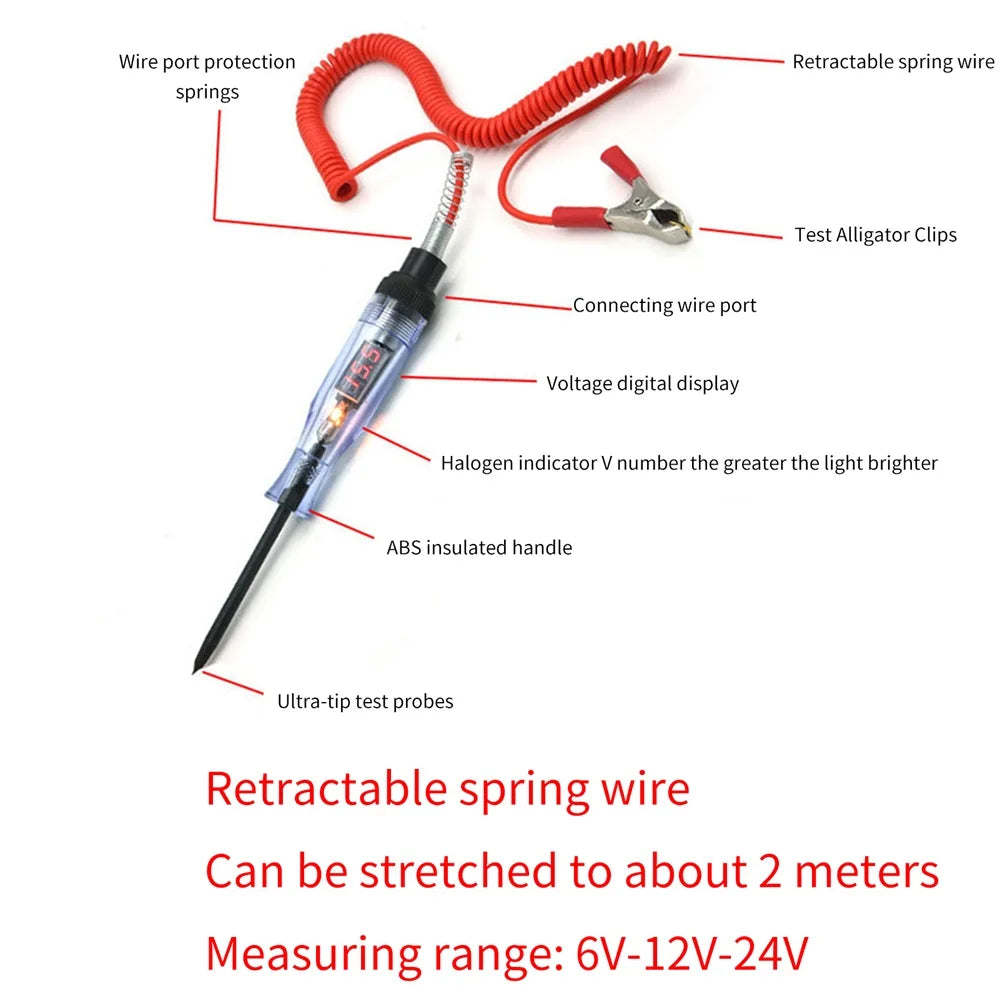 6V 12V 24V Auto Truck Voltage Circuit Tester DC Digital Display Long Probe Pen Light Bulb Automobile Diagnostic Tool Auto Repair