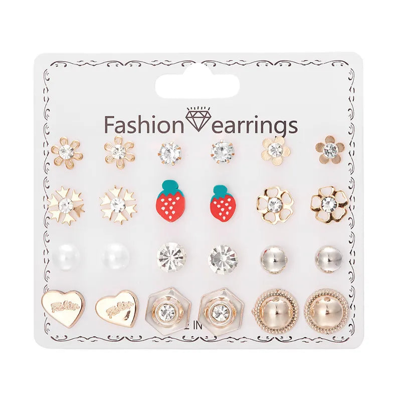 12 Pairs/Set Imitation Pearl Sun Star Flower Bow Heart Zircon Combination Paper Card Stud Earrings Set Fashion Geometric Earring