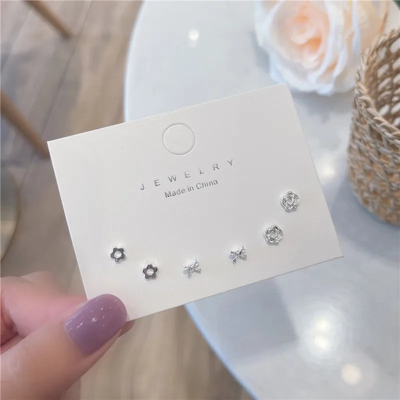 New S925 Silver Needle Stud Earrings Set for Women Girls Simple Cute Exquisite Mini Earrings Jewelry Gift Wholesale Direct Sales