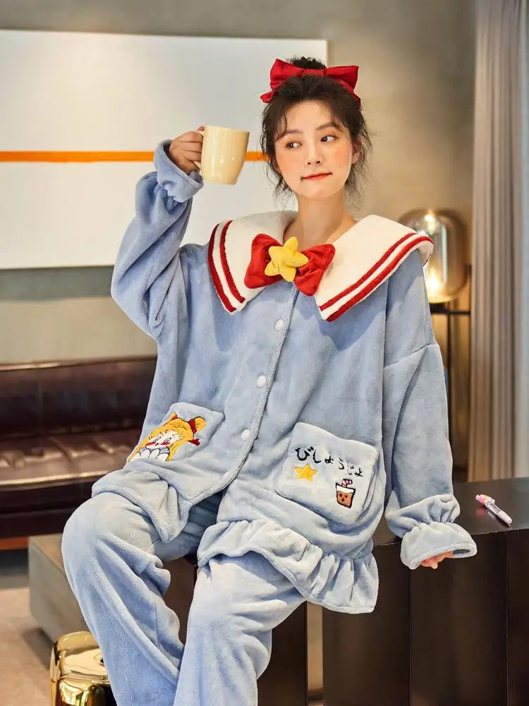 Anime Kuromi Pajamas Pants Suit Sanrioed Women Cute Kawaii Spring Winter Cardigan Plush Coral Fleece Cute Cartoon Warm Homewear