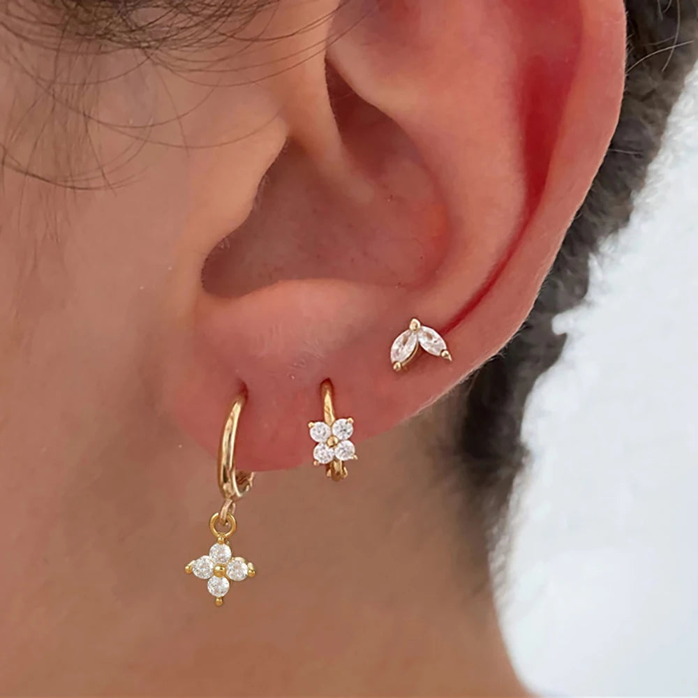 3PCS Stainless Steel Mini Zircon Ear Hoop Earrings Set For Women Huggies Flowers Cartilage Helix Piercing Jewelry Statement Gift