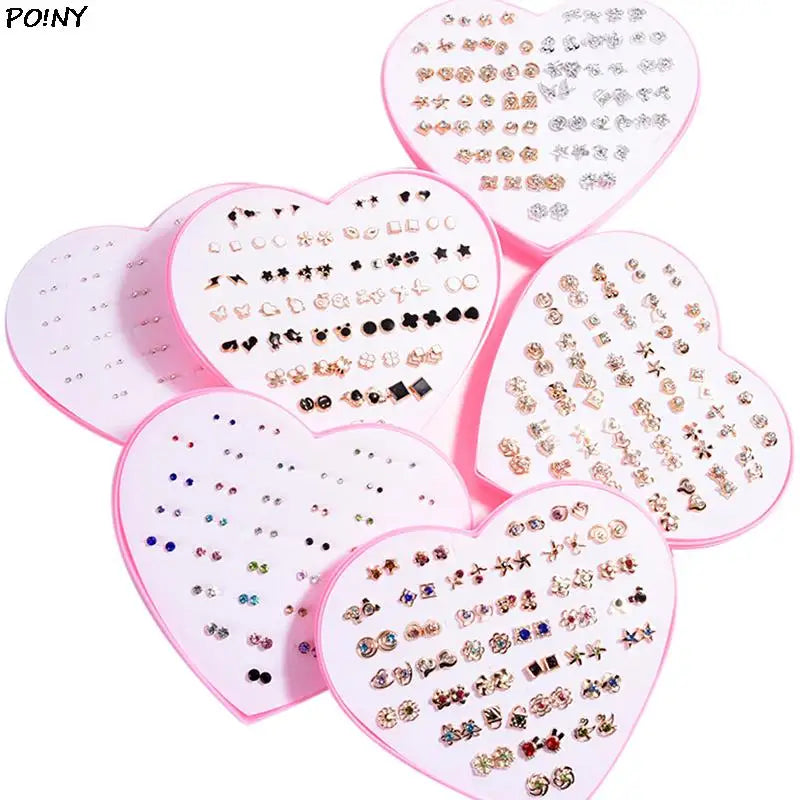 36 Pairs Fashion Women Girls Resin Plastic Crystal Diamante Flower Stud Earrings Set Random Style Gold Color Jewelry