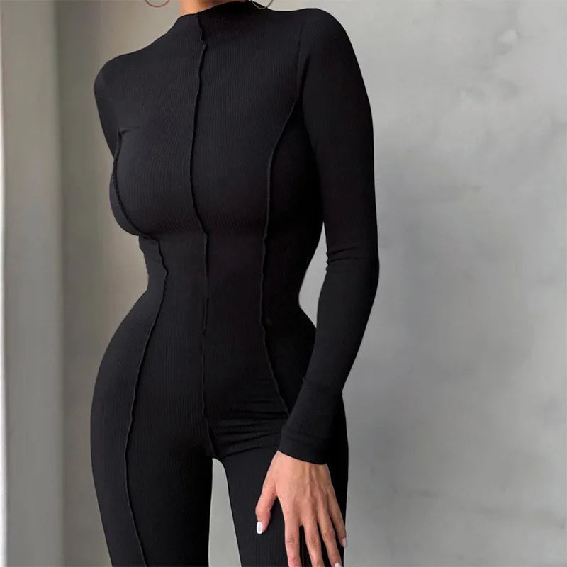 Fashion Turtleneck High Waist Solid Jumpsuit Casual Sheath Sportwear Women Elastic Fitness Romper High Waist Bodycon Jumpsuits