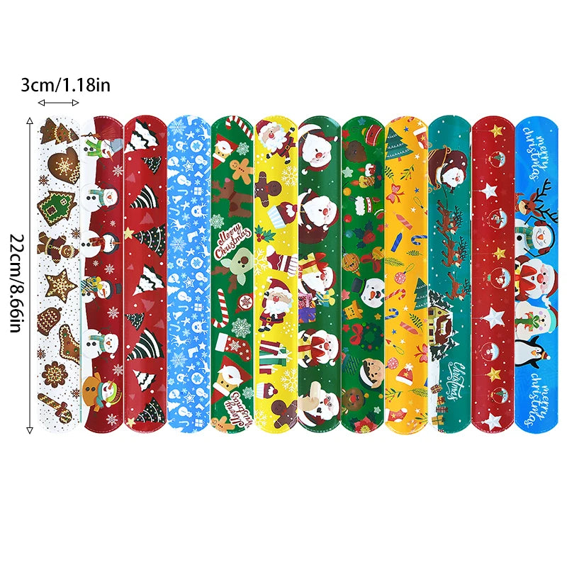 12Pcs Christmas Slap Bracelets Santa Claus Snowman Xmas Tree PVC Wristband Kids New Year Party Gifts For Guests 2025 Navidad