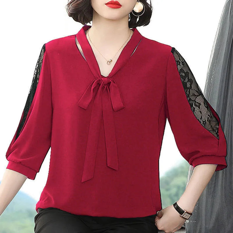 Women Spring Summer Style Blouses Tops Lady Casual Bow Tie Colloar Half Lace Sleeve Loose Blusas Tops DF4275