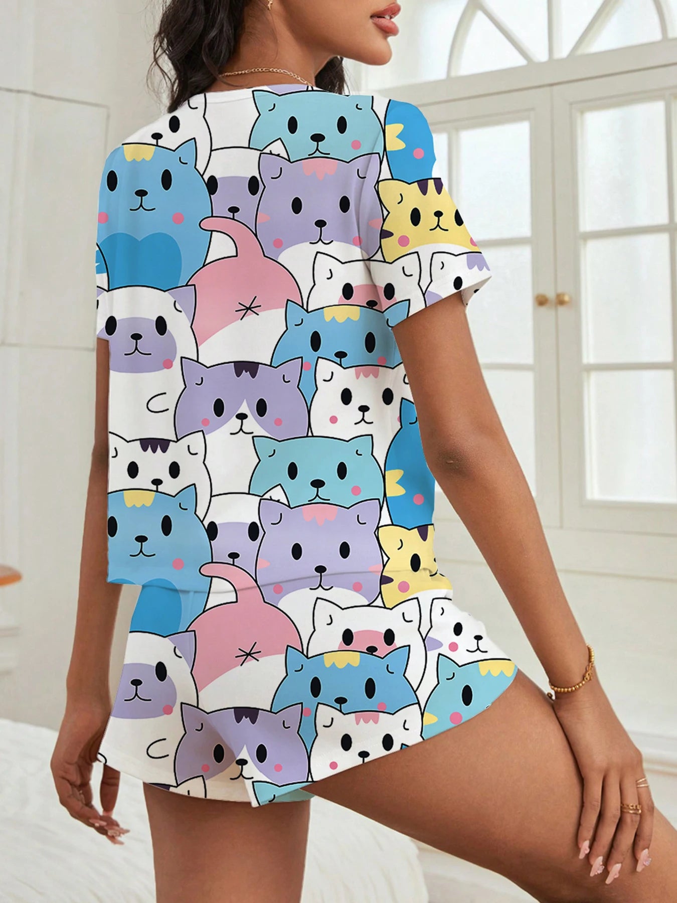 Women Sleepwear Set Short Sleeve Round Neck Top Elastic Shorts Allover Prints Cartoon Cat Summer Pajamas Set Casual Loungewear