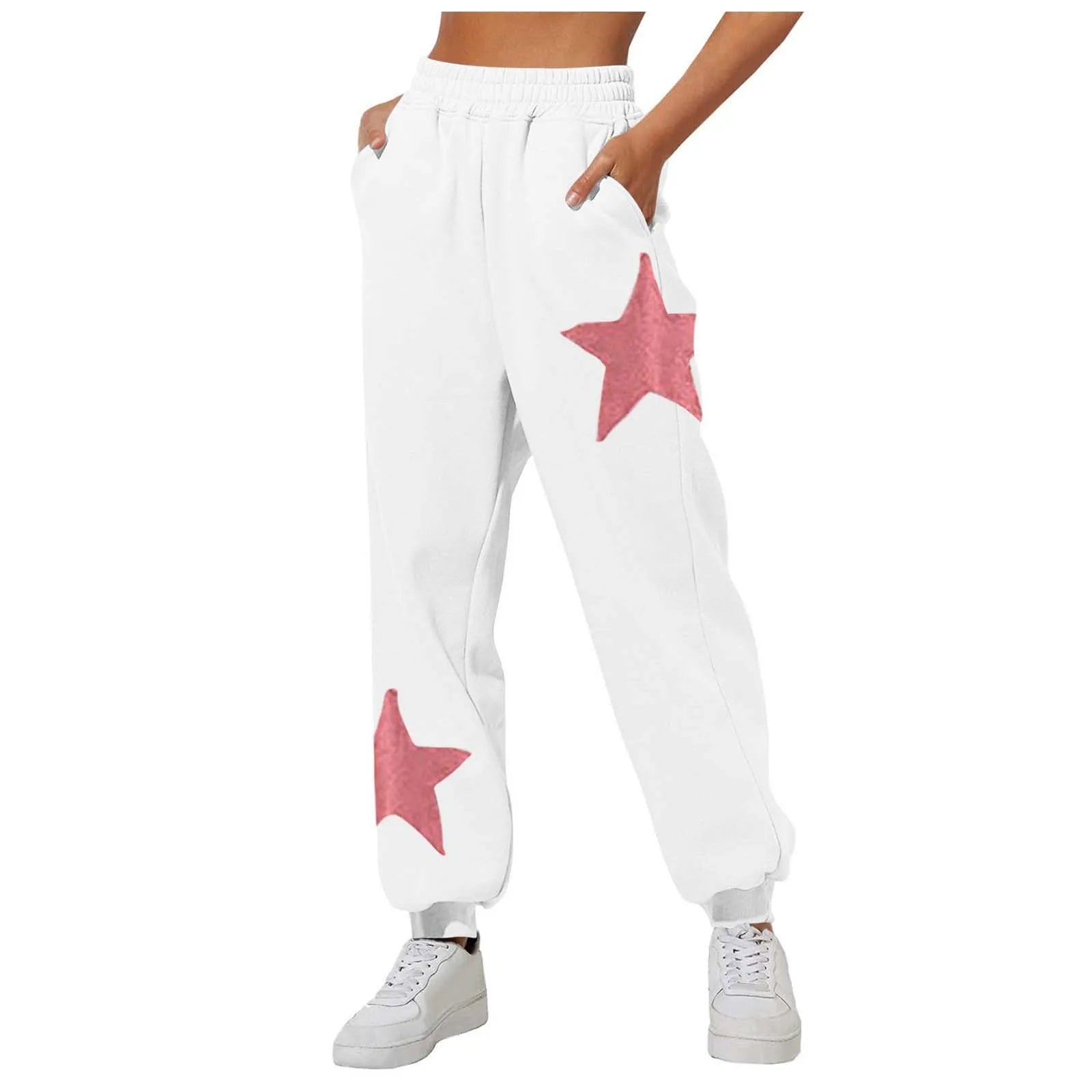 Women'S Casual Fashion Star Print Sweatpants Solid Color Drawstring Pocket Sports Pants High Waist Straight Long Winter Trouser