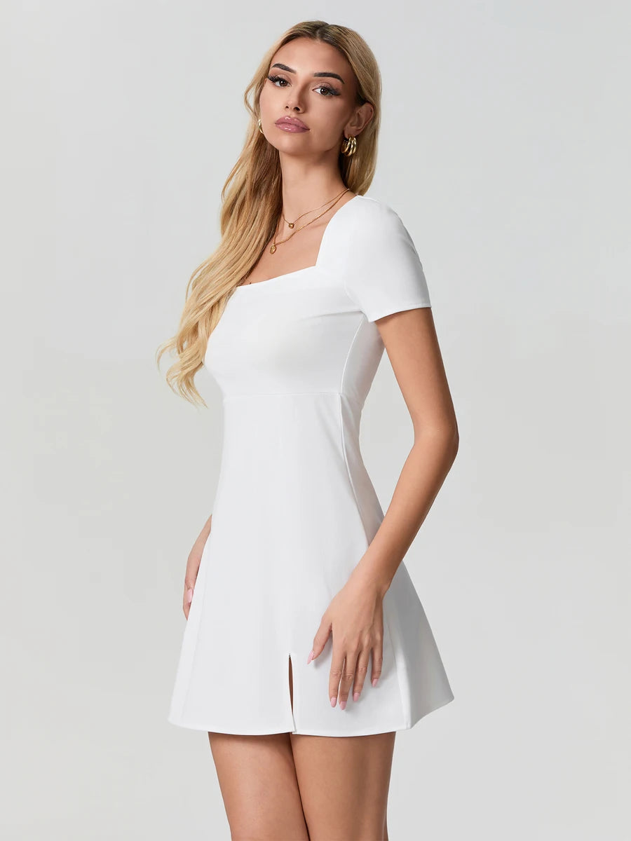 Women Mini Dress Solid Color Square Neck Short Sleeve A-line Dress Fashion Summer Slit Dress