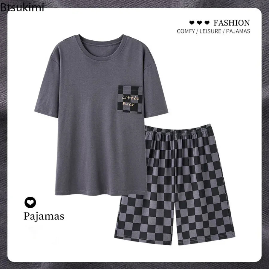 2024 New Men's Summer Short Sleeve Shorts Pajamas Sets Fashion Printed Loose Lounge Home Suit Men Simple Casual Cotton Sleepwear