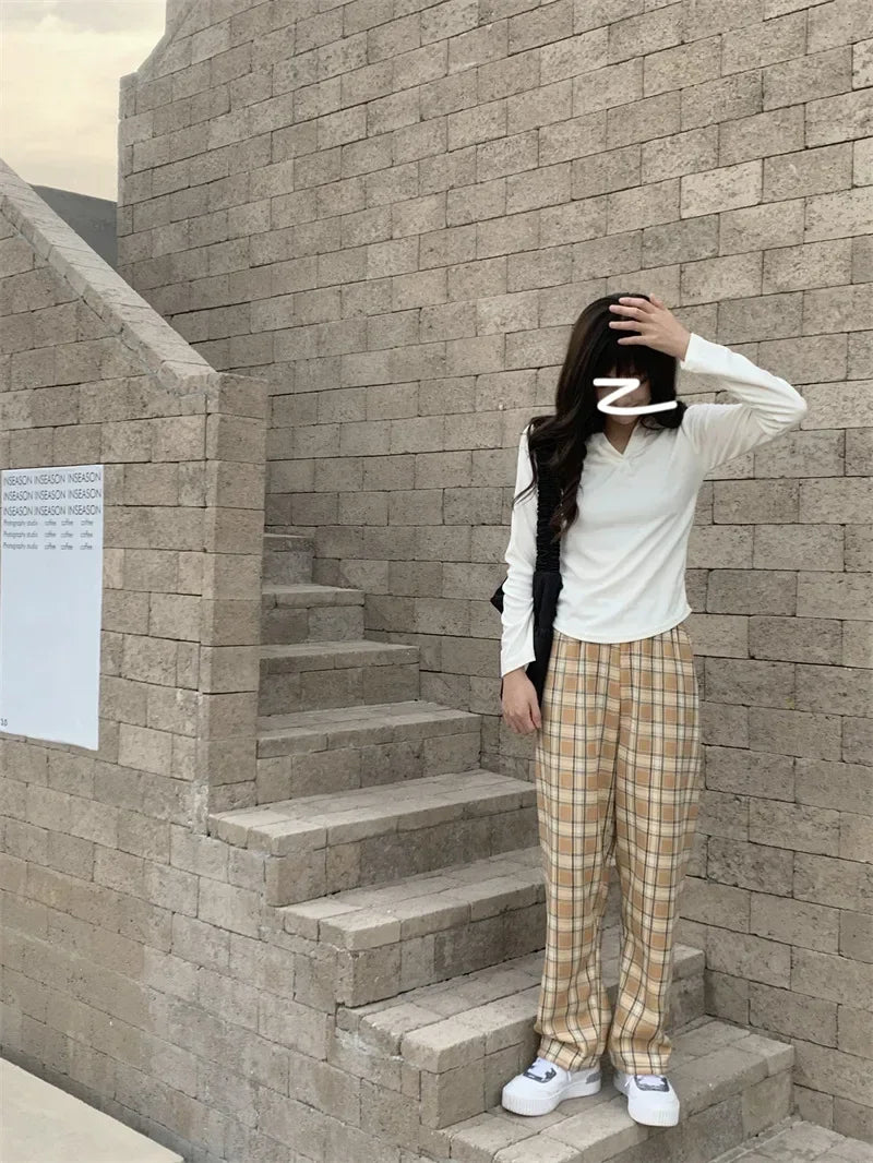 Fashion Warm Plush Pants Cashmere Thick Plaid Ladies Winter Casual Loose Wide-legged Pants Korean Streetwear Students