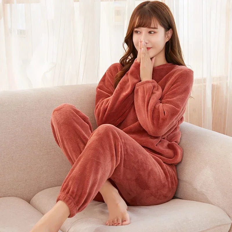 2024 Winter Pyjamas Warm Flannel Women Thick Leisure Wear Simplicit Coral Velvet Long Sleeve Solid Sleepwear Pajamas Set