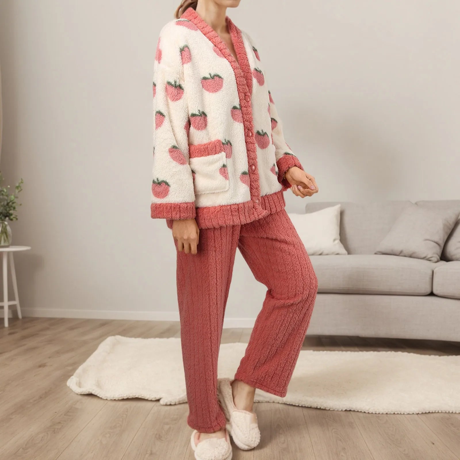 Women's Fleece Flannel Pajamas Set Cute Fruit Contrast Color Warm Plush Loungewear For Women Thickened Homewear Warm Nightwear