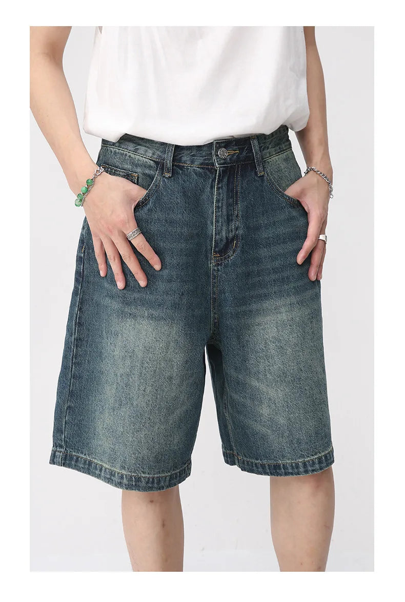 Men Summer Denim Shorts New Korean Loose Vintage Fashion Wash Casual Over Knee Capris Straight Leg Pants