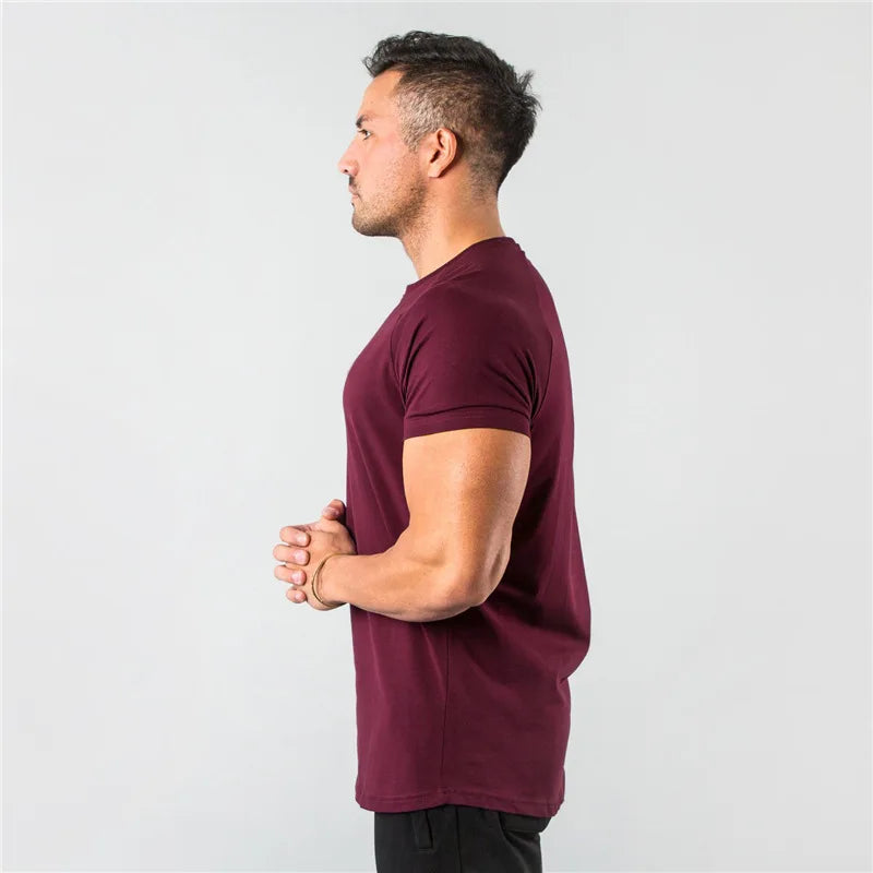 Cotton Plain Tops Tees Fitness Mens T Shirt Short Sleeve Muscle Joggers Bodybuilding Tshirt Male Gym Clothes Slim Fit Shirt