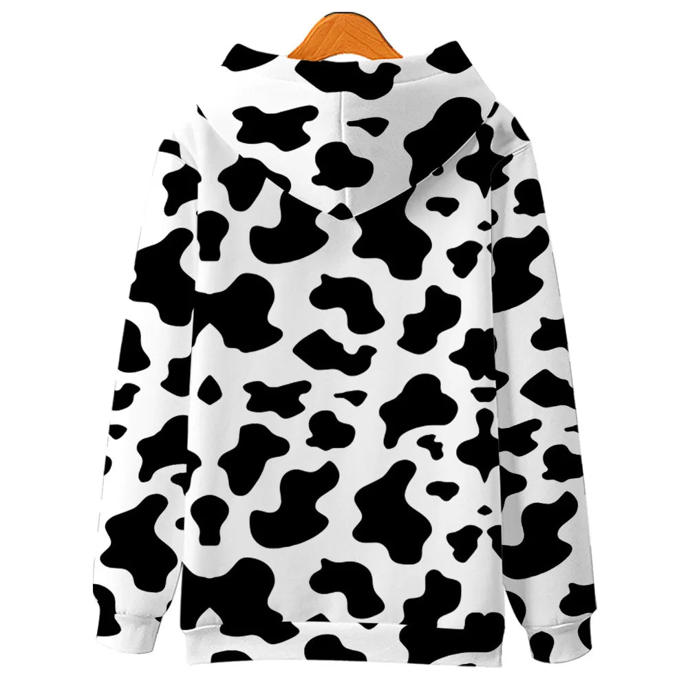 2025 Black White Cow Pattern Zip up Hoodies men women Hooded Sweatshirt Casual Oversized Fuuny Kids Jacket Coat Child Clothes