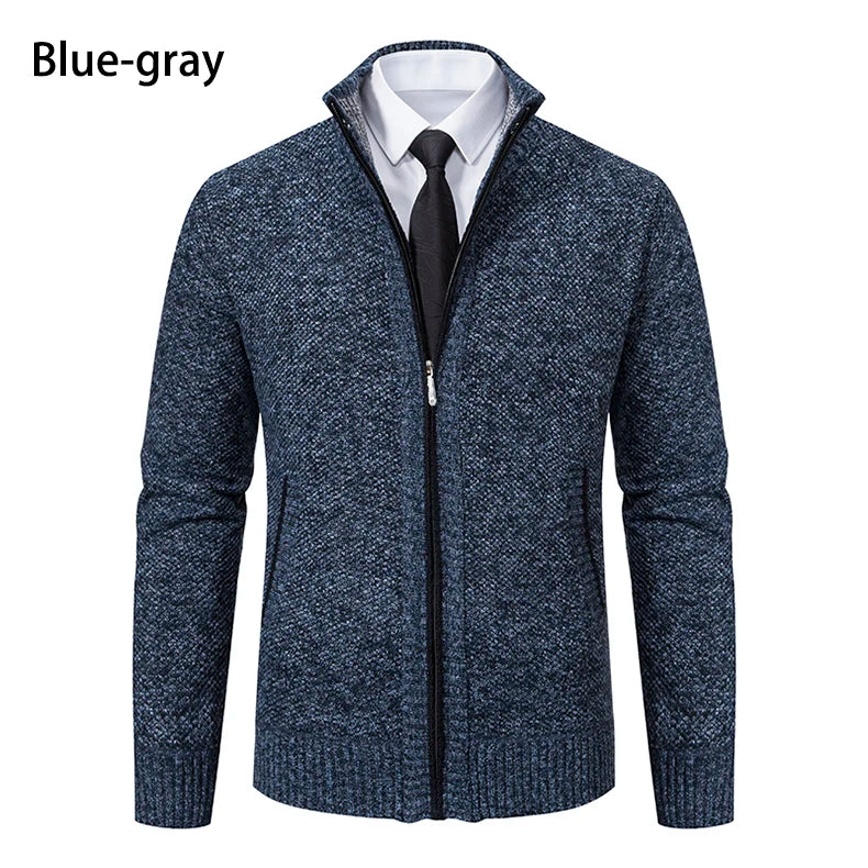 Autumn And Winter New Jersey Men's Casual Sports Coat Solid Color Stand Collar Wweater Grab Fleece Warm Zipper Cardigan