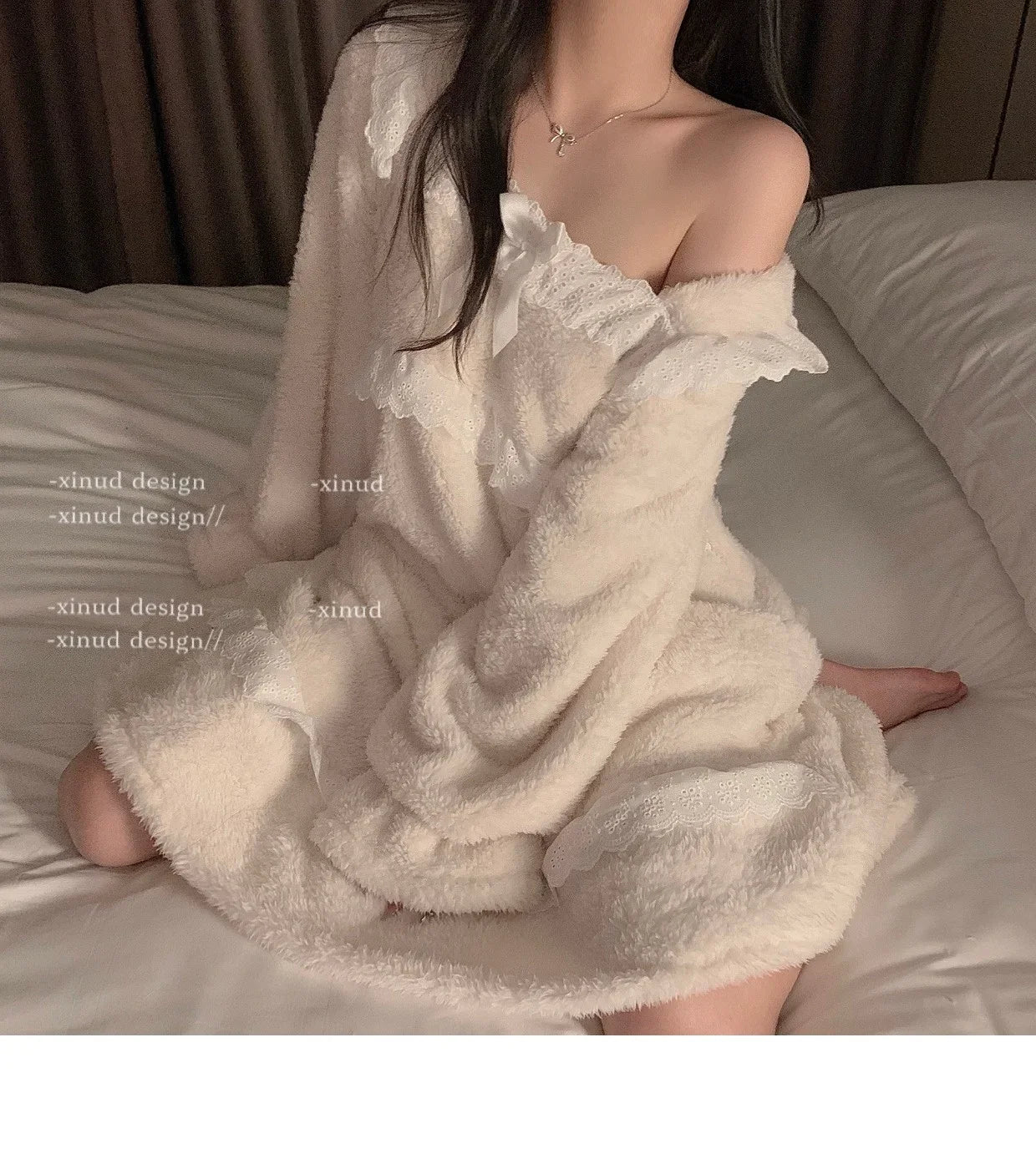 Coral Fleece Nightdress Women Autumn and Winter Flannel Pajamas Thickened Pure Desire Wind Sweet Winter Warm Homewear Set