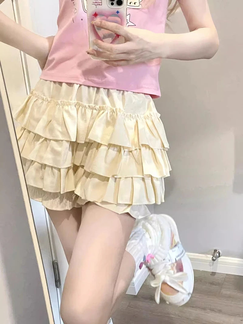 MEXZT Y2K Sweet Ruffles Mini Skirt Women Kawaii Lolita Bow A Line Skirts Harajuku Japanese High Waist Pink White Ball Gown Skirt