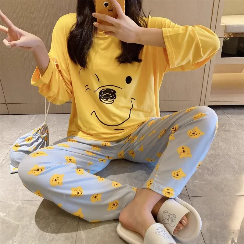 New Disney Mickey Mouse pajamas, pure cotton long-sleeved trousers casual two-piece Winnie the Pooh loungewear women's pajamas