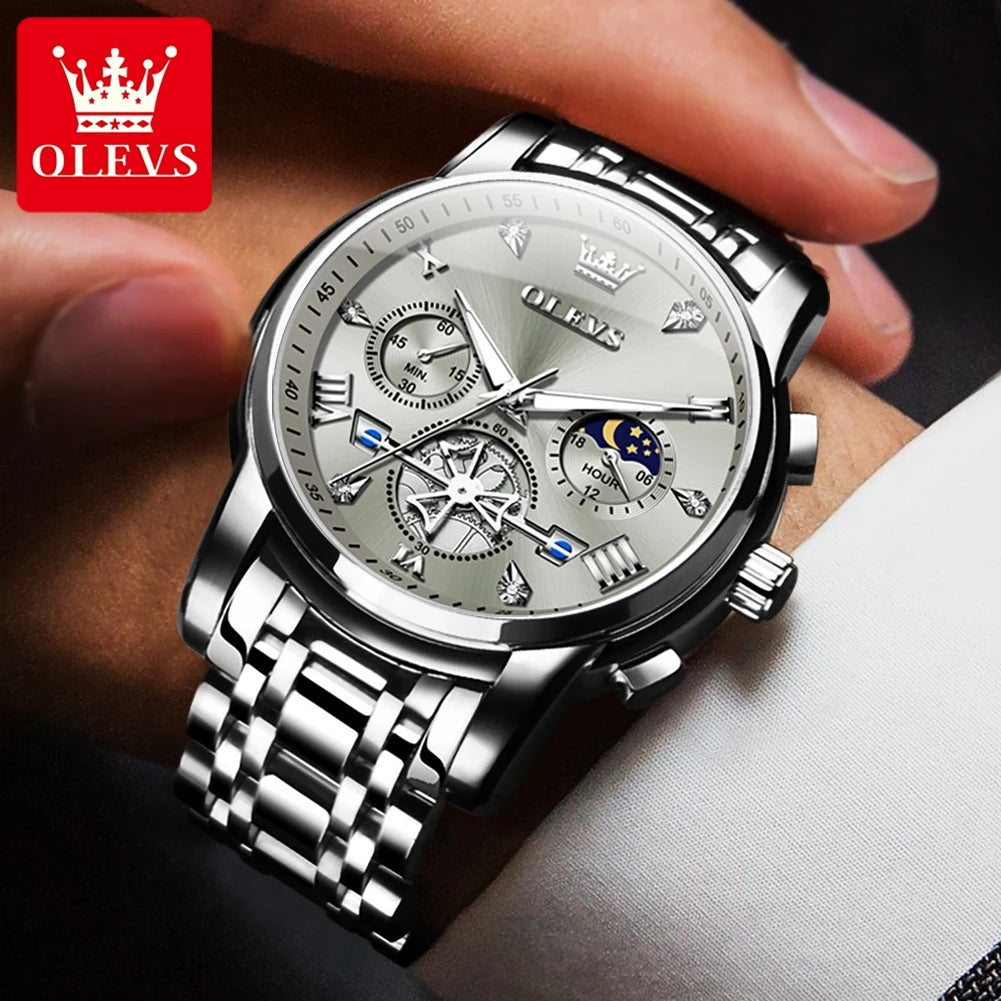 OLEVS Men's Watches Classic Multifunctional Fltwheel Chronograph Original Quartz Wristwatch Moon Phase 24 Hour Waterproof reloj