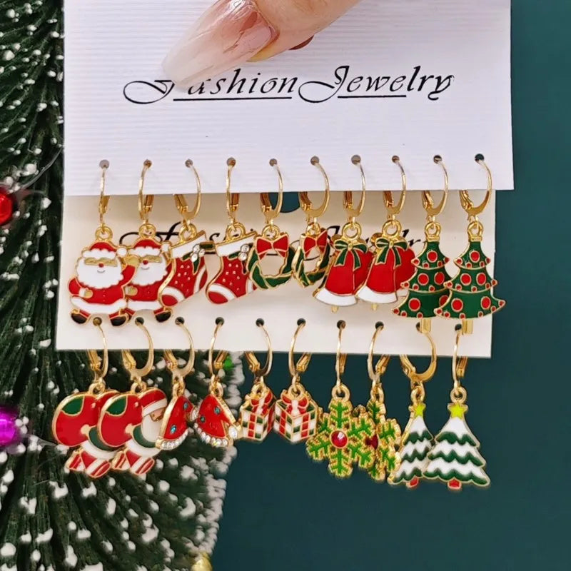 10pcs/set Christmas Snowflake Stud Earrings for Women Christmas Tree Dangle Earring Jewelry Gifts Wholesale