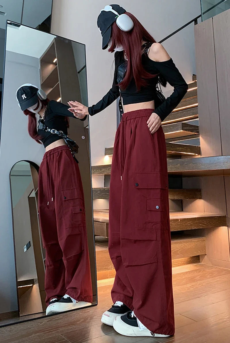 Y2K Cargo Pants Women Harajuku Oversized Sweatpants Black Pockets Wide Leg Joggers Streetwear High Waist Baggy Sports Trousers