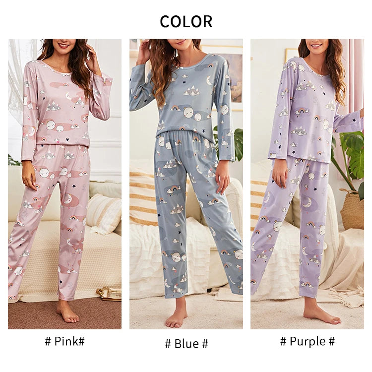 Autumn women's printed pure cotton sleepwear set with round neck long sleeved pants casual  comfortable two piece home suit set