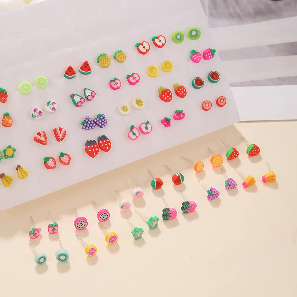 36Pair/lot Multi-style Colorful Cartoon Fruit Animal Geometric Stud Earrings Set For Women Girls Cute Children Ear Jewelry Gifts