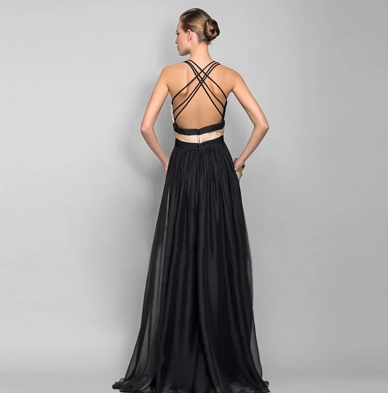 Elegant High Waist Maxi Dress Women Fashion Gradient Patchwork Black Party Evening Dresses Chic Sleeveless Pleated Long Vestdios