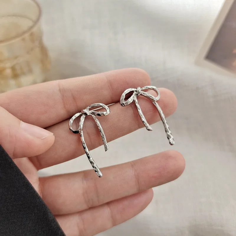 Y2K Vintage Silver Color Bowknot Stud Earrings for Women Korean Exquisite Gothic Tassel Ear Stud 2024 Fashion Party Gift Jewelry