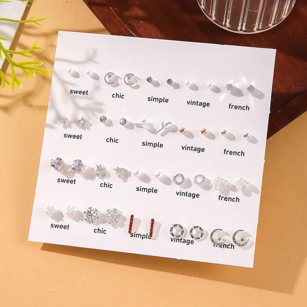 Cross-border Simple 20 Pairs of White Pearl Mini Stud Earrings Set, Hollow Love Heart Snowflake Earrings for Women