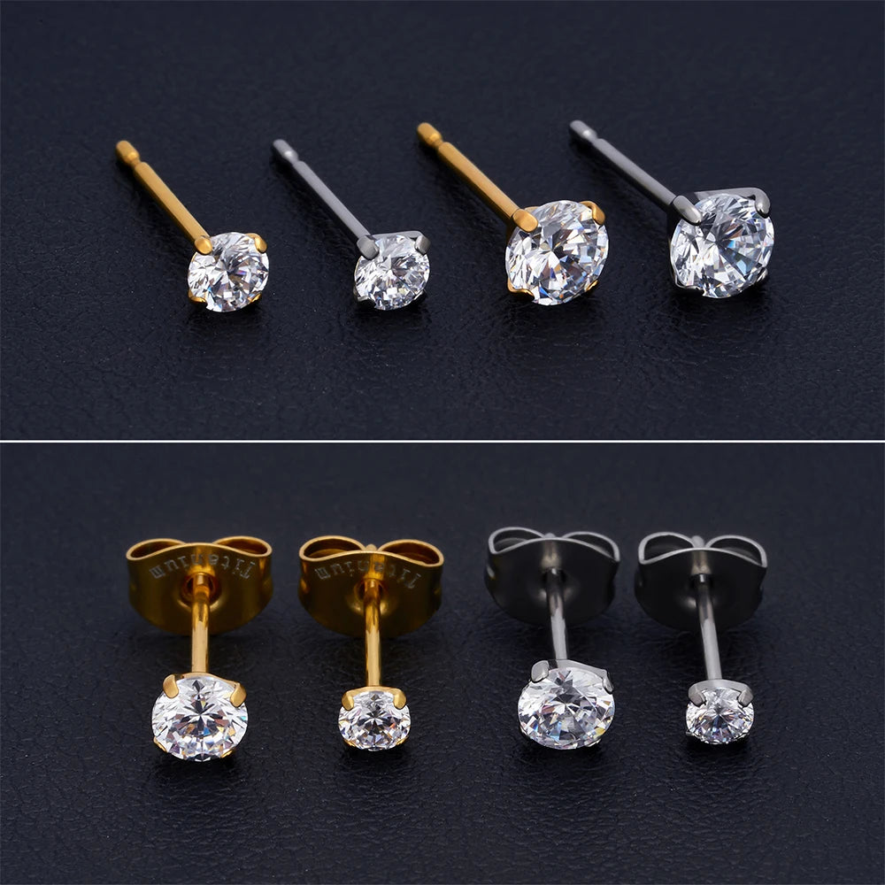 2Pcs G23 Titanium Round Crystal Zircon Ear Studs Earrings 4 Prong Tragus Cartilage Piercing Jewelry Unisex Women Men