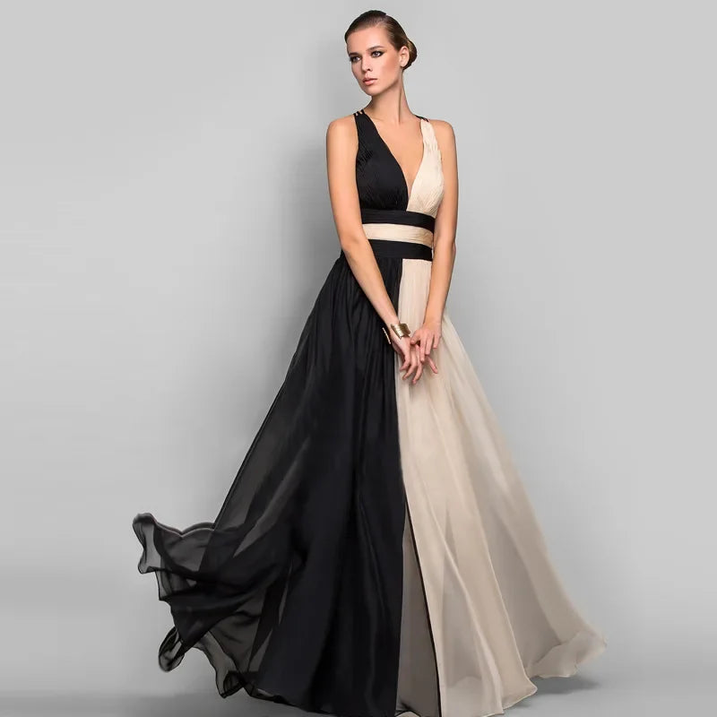 Elegant High Waist Maxi Dress Women Fashion Gradient Patchwork Black Party Evening Dresses Chic Sleeveless Pleated Long Vestdios