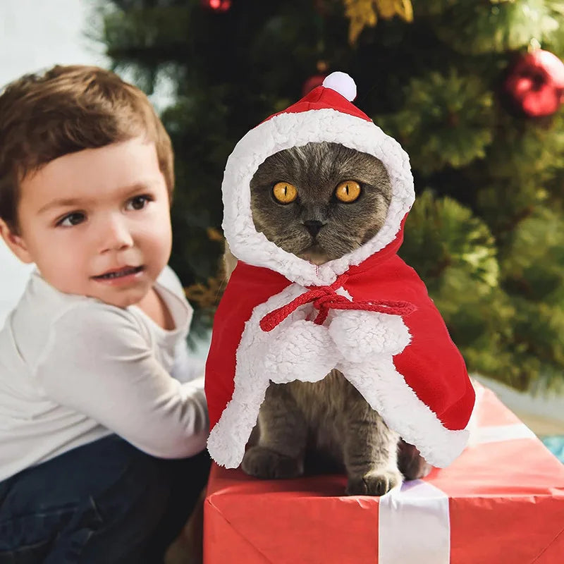 Cat Costume Santa Cosplay Funny Transformed Cat/Dog Pet Christmas Cape Dress Up Clothes Red Scarf Cloak Props Decor