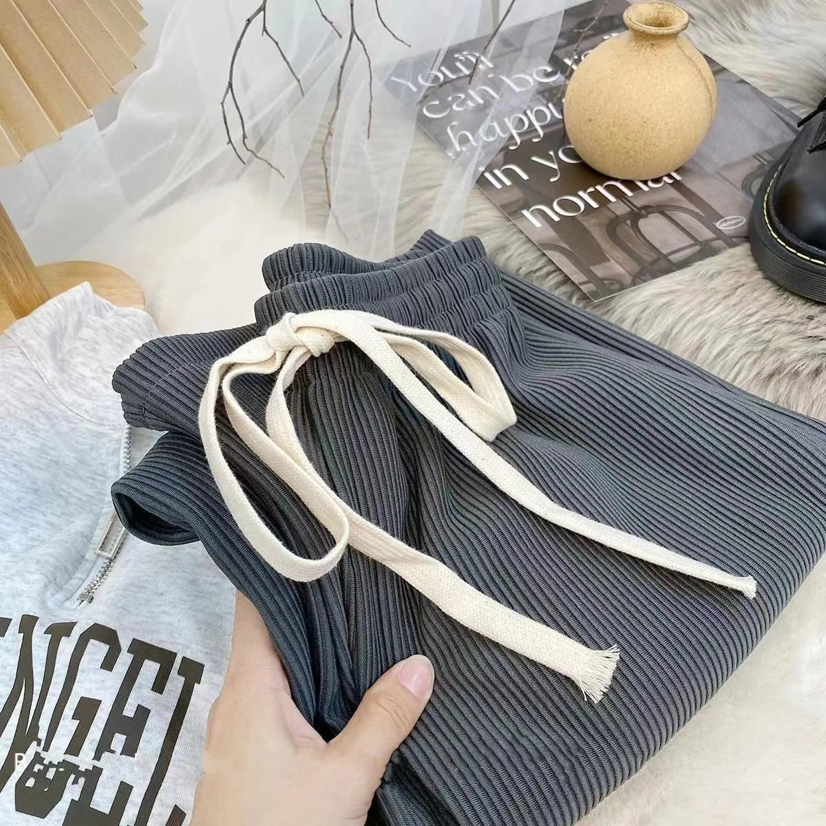 Woman's Trousers Autumn/winter Wide-leg Pants Tall Waist Loose Solid Color Drawstring Ladies Trousers Dropshipping