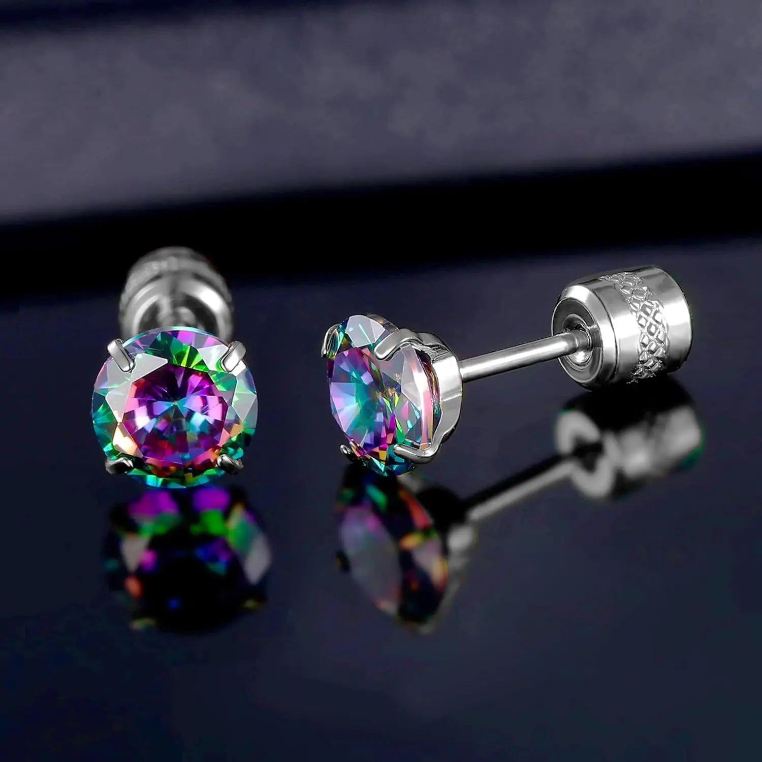 6mm CZ Screw Flat Back Earrings for Women Girls Hypoallergenic for Sensitive Ears New Design Rainbow Cubic Zirconia Stud Earring