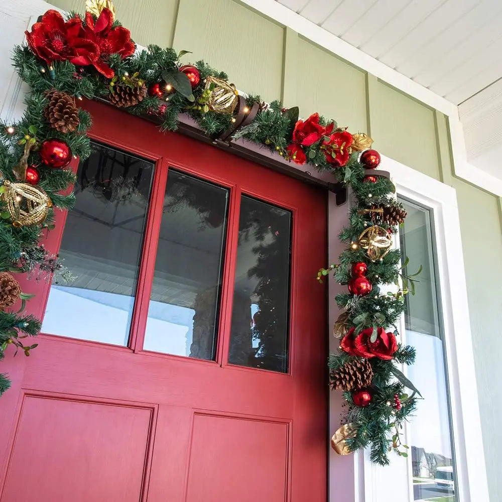 [9 Foot Artificial Christmas Garland] - Red Magnolia Collection - Red and Gold Decoration - Pre Lit with 100 Warm Clear Colored