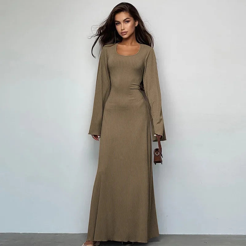 Fashionable Loose-Fit Long Sleeve Dress Women's Autumn 2024 U-Neck Back Strap Cross-Border European And American Style