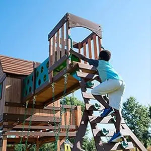 Wood Swing Set, Upper and Lower Deck, Sandbox, Vented Tunnel, Rock Climbing Wall