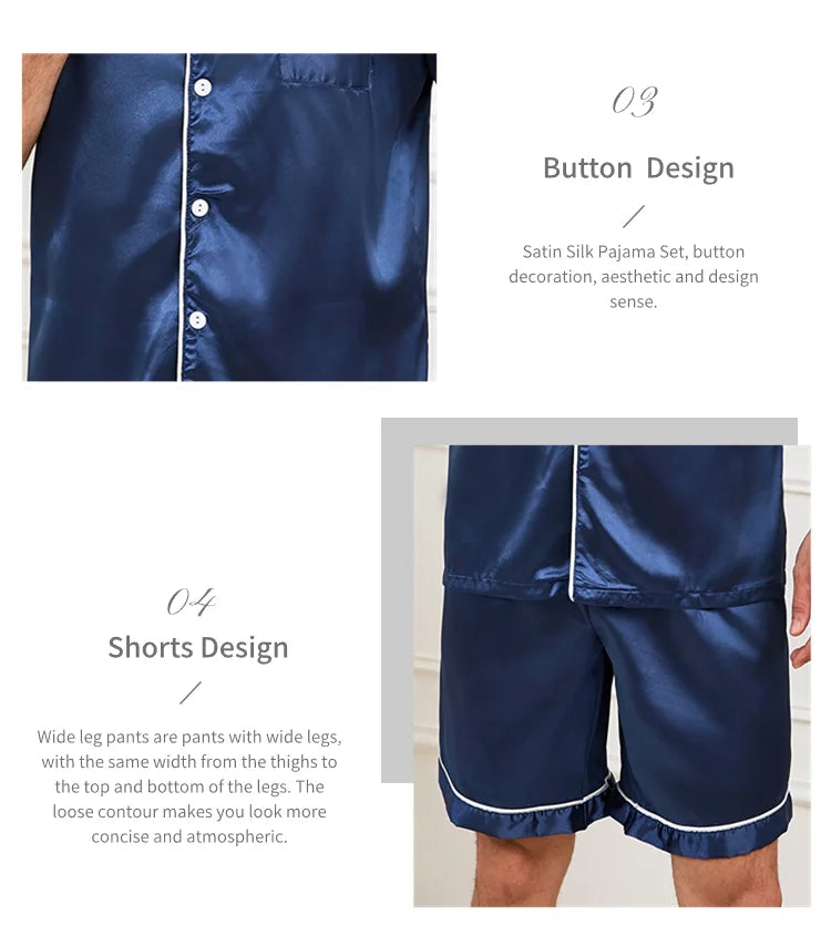 Men Satin Short Sleeve Pajama Set Summer Sleepwear for Man Button-Down Shirt & Elastic Waist Shorts Pajamas Home Clothes 2 Piece