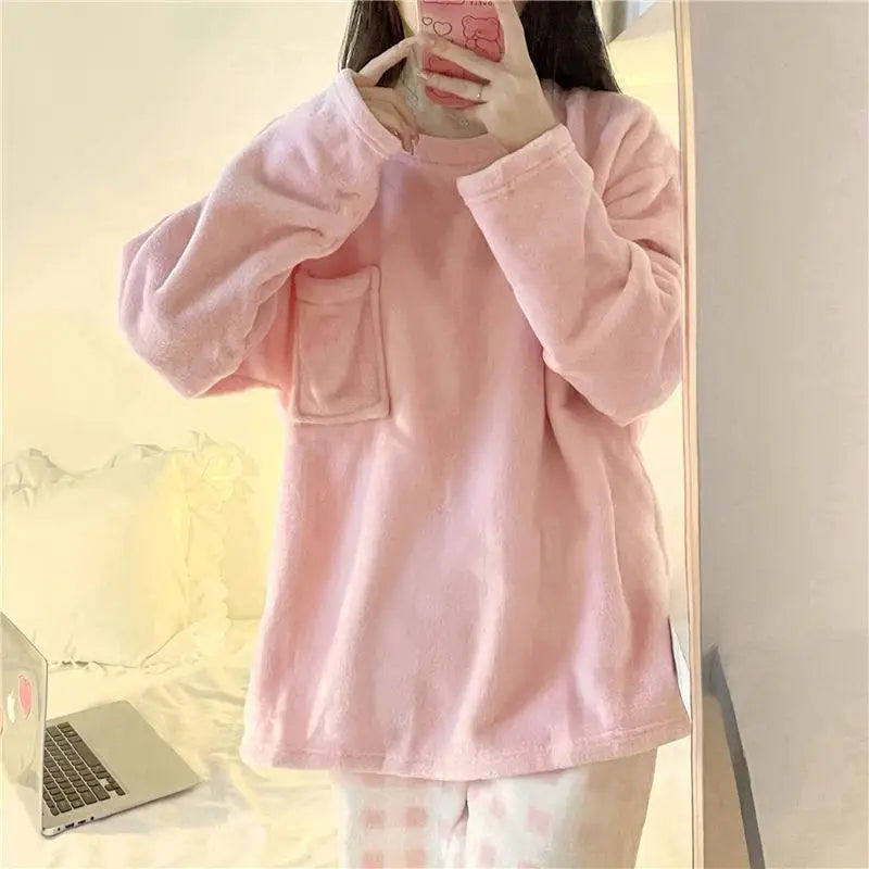 Fleece Thick Warm Women's Pajamas Set Winter Sleepwear Casual Solid Top and Plaid Pants Soft Pijamas Set for Women Home Suit